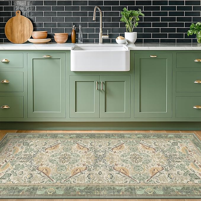 Hazo Haus Boho Long Bathroom Runner Rug 2x6 - Floral & Bird Runner Rug for Kitchen Floor, Hallway, Laundry Room, Bedroom, Entrance, Sage Green Vintage Decor, Washable Non Slip Low Pile - Light Green