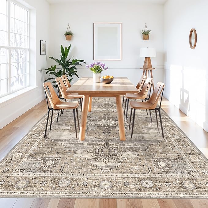 RUUGME Living Room 8x12 Area Rug - Soft Washable Rugs with Non Slip Backing Indoor Low Pile Stain Resistant Carpet for Bedroom Dining Room Playroom Vintage Ultra-Thin Home Decor Floor Mat 8X12 Beige