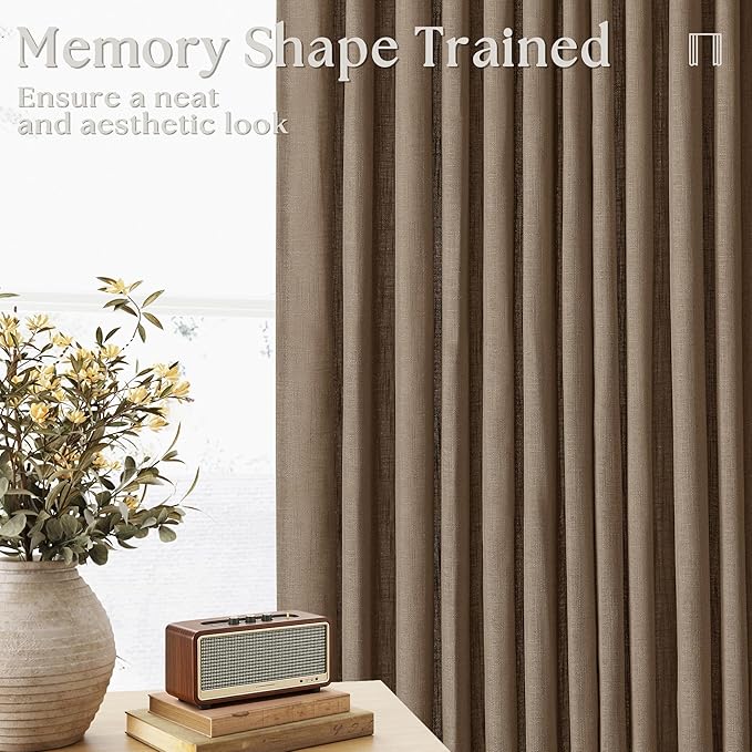 Dutch Cocoa Pinch Pleated Short Linen Curtains 45 Inch Length 2 Panels for Living Room Bedroom Memory Trained Semi Sheer Pleat Drapes with Hooks Rings Light Filtering Kitchen Window Curtain 40x45