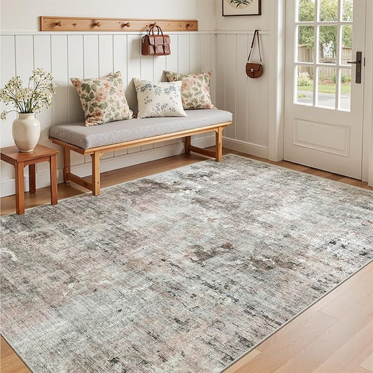 Soalmost 3x5 Rug, Abstract Small Area Rug for Kitchen, Entryway, Machine Washable Non-Slip Throw Rug, Vintage Carpet for Nursery Coffee Table Pink Grey