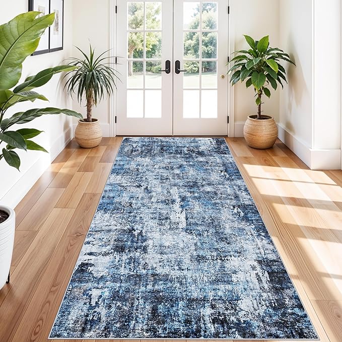 4x10 ft Extra Wide Hallway Rug – Non-Slip Washable Rubber-Backed Large Carpet Runner for Kitchen, Entryway | Modern Abstract, Low-Pile Thin Floor Mat for Bedroom Living Room Dining Room（Navy Blue）