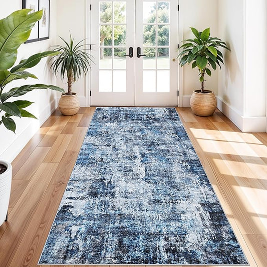 4x10 ft Extra Wide Hallway Rug – Non-Slip Washable Rubber-Backed Large Carpet Runner for Kitchen, Entryway | Modern Abstract, Low-Pile Thin Floor Mat for Bedroom Living Room Dining Room（Navy Blue）