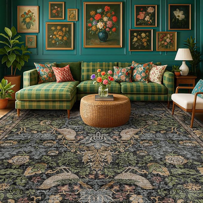 Vintage Green Rug for Extra Large Bedroom - Washable 10x12 Area Rug for Living Room, Dining Room Under Table, Boho Bird Decor, Soft Low Pile Non-Slip & Stain Resistance Brown Accent Carpet