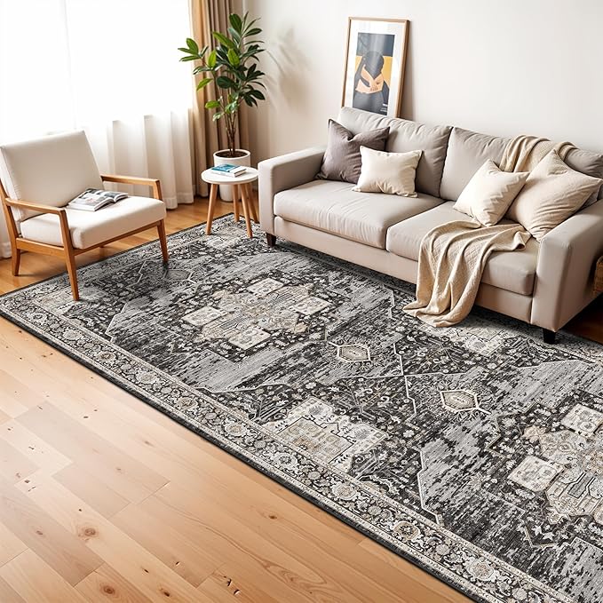 3x7 Washable Entryway Rug Runner - Vintage Non Slip Stain Resistant Runners Ultra-Thin Soft Carpets for Kitchen Hallway Bedroom Laundry Room Distressed Indoor Home Decor Mat 3X7 Black