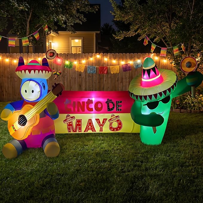 6.5FT Long Cinco De Mayo Inflatables Outdoor Decorations, Guitar Donkey & Maraca Cactus, Mexican Fiesta Blow Up Yard Decor for May 5 Taco Party, Lawn Garden Indoor Outdoor