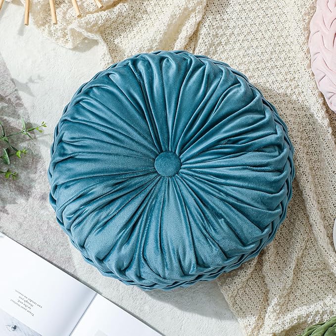Drydiet 1 Pcs Round Throw Velvet Pillows Decorative Pleated Throw Pillows 15'' Diameter Accent Pumpkin Boho Chair Cushion for Couch Sofa Home Decoration (Dusty Blue)