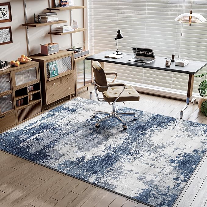 Blue Washable Rug 6x9 Area Rugs for Living Room Bedroom Carpet, Indoor Vintage Abstract Boho Large Rug Non Slip Faux Wool Rugs for Dorm, Dining Room Table, Nursery, Kids Playroom, Navy