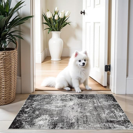 2x3 Washable Entryway Rug – Non-Slip Modern Abstract Neutral Small Throw Area Rug for Kitchen, Bedroom – Soft Low Pile Thin Indoor Door Mat（Black Grey,2x3）