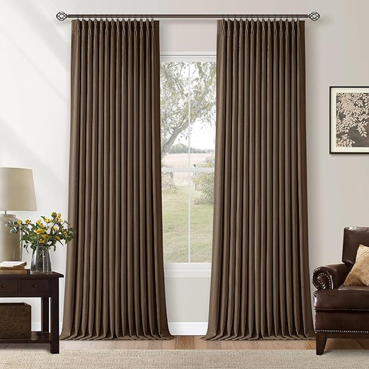 Latte Dual Layer Blackout 102 Inch Length Curtains 2 Panels Pinch Pleated for Sliding Glass Door Luxury Pinch Pleated Flax Linen Ceiling Track Curtain Thermal Room Darkening Light Brown Window Drapes