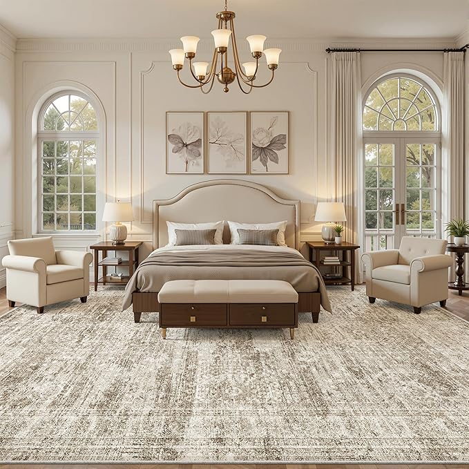 Soalmost 12x15 Washable Area Rug Brown Neutral Abstract Living Room Large Carpet Non Slip Bedroom Indoor Office Dining Room Low Pile Thin Rug