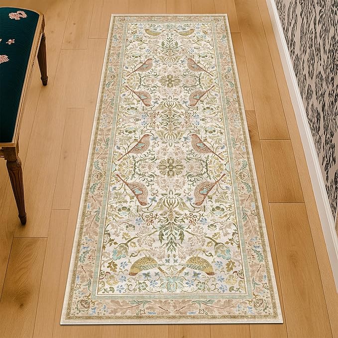 Hazo Haus Boho Long Bathroom Runner Rug 2x6 - Floral & Bird Runner Rug for Kitchen Floor, Hallway, Laundry Room, Bedroom, Entrance, Beige Neutral Vintage Decor, Washable Non Slip Low Pile