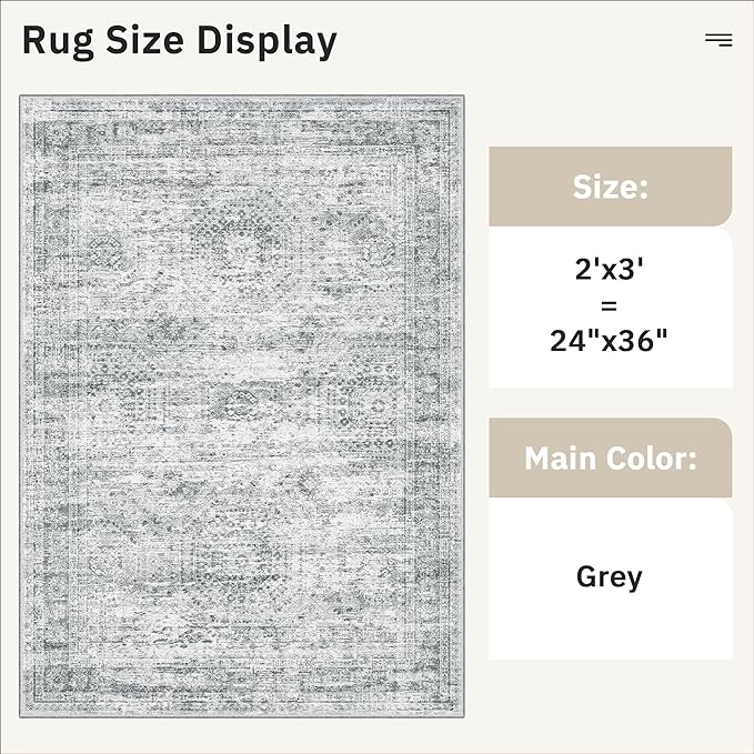 Soalmost 2x3 Washable Rugs for Kitchen, Floor, Entryway, Powder Room Small Area Rug Non-Slip Vintage Low Pile Throw Door Mat Grey