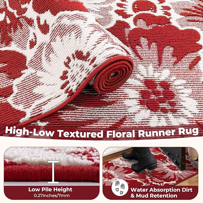 Findosom Christmas Runner Rug 2x8, Non Slip High-Low Textured Floral Washable Runner Rug with Rubber Backing, Boho Carpet Runners for Hallway, Kitchen, Entryway, Bedroom, Laundry & Holiday Decor, Red