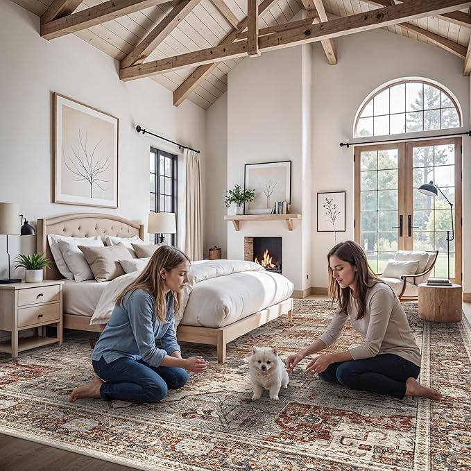 Living Room 12x15 Area Rug - Washable Area Rugs with Non Slip Backing Stain Resistant Carpet for Bedroom Vintage Rugs Indoor Ultra-Thin Carpets Home Decor Decoration Mat 12x15 Brick