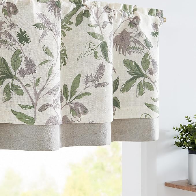 jinchan Linen Valance Double Layer Kitchen Window Curtain Green Leaf on Beige Valance for Living Room Cafe Farmhouse Light Filtering Rustic French Country Curtain 18 Inch Rod Pocket 1 Panel