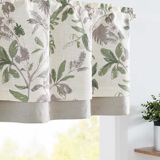 jinchan Linen Valance Double Layer Kitchen Window Curtain Green Leaf on Beige Valance for Living Room Cafe Farmhouse Light Filtering Rustic French Country Curtain 18 Inch Rod Pocket 1 Panel