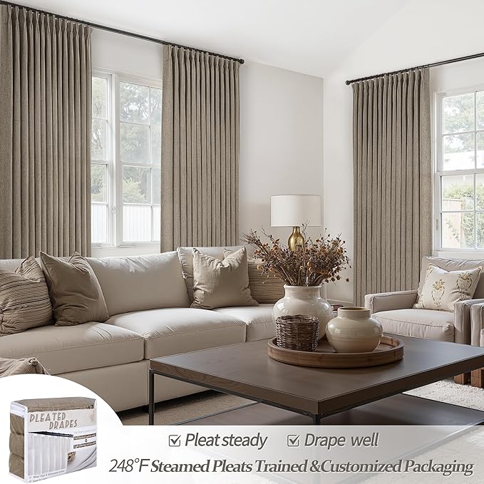 Dark Flax 70 Inch Extra Wide Light Filtering Curtains 120 Inches Long for Sliding Glass Door, Memory Shape Pinch Pleat Linen Sheer Floor to Ceiling Viral Drapes 9 FT Length Luxury Curtain Panels of 2