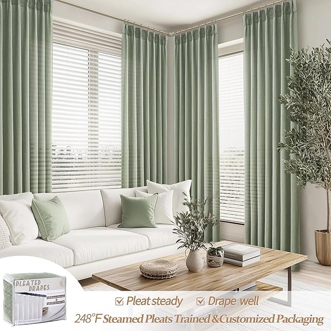Extra Long Sage Green Thick Linen Sheer Curtains 108 Inches Long for Sliding Glass Door, Lush Decor Pinch Pleated Aesthetic Curtain with Hooks Rings & Back Tab 9 FT Bedroom Window Drapes 2 Panels Set