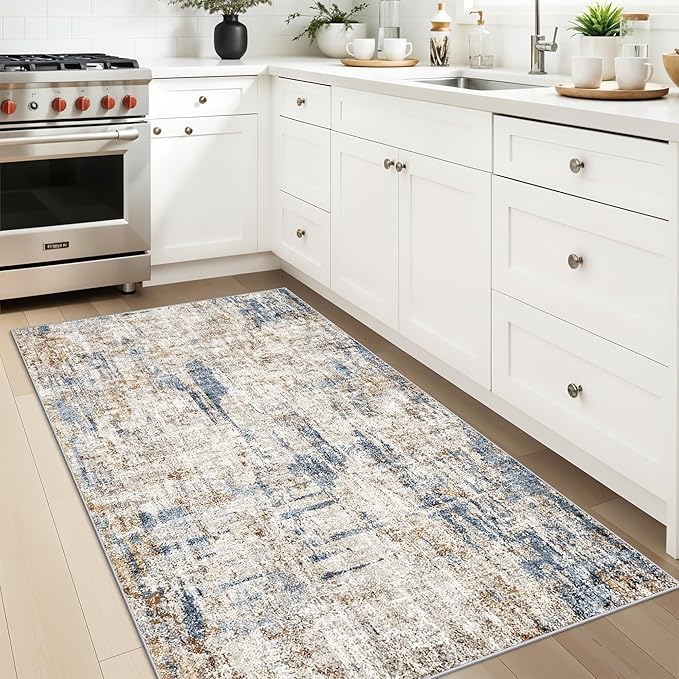 Washable 3x5 Entryway Rug - Non-Slip Soft Low-Pile Thin Small Area Rugs for Kitchen Bedroom Living Room Hallway – Modern Abstract Neutral Door mat Indoor（Blue Brown）