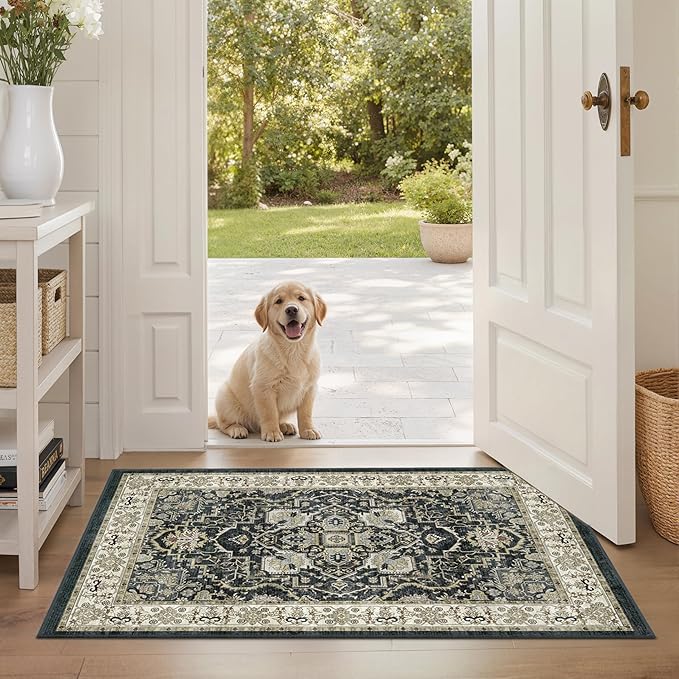 Washable Entryway Runner Rug - 2x3 Kitchen Rug Distressed Low Pile Mats Non Slip Soft Rugs for Dining Room with Rubber Backing Bedroom Runner with Vintage Design (Black 2x3)