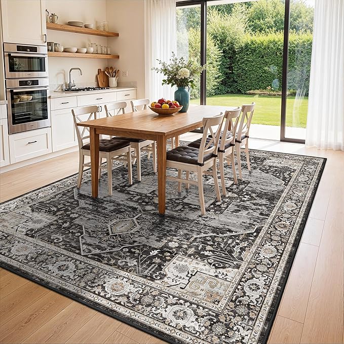 RUUGME Washable 7x8 Area Rug - Non Slip Ultra Thin Soft Living Room Rugs Vintage Distressed Stain Resistant Home Decor Mat for Bedroom,Dining Room,Nursery 7x8 Black