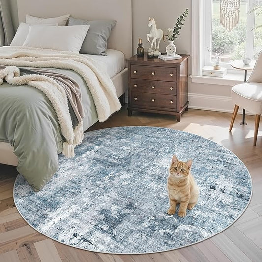 Soalmost 5x5 Blue/Grey Round Rug 5ft Living Room Circle Rug Vintage Round Area Rug Non Slip Indoor Carpet for Entryway Dining Room Bedroom