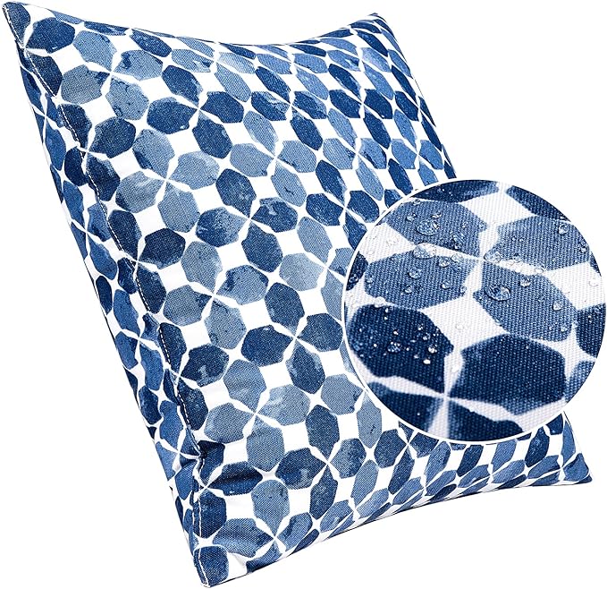 JMGBird Waterproof Outdoor Pillows Set of 2, 18x18 inch Weather Resistant White with Diamond Blue Petal Pattern Throw Pillows with Inserts for Patio Furniture
