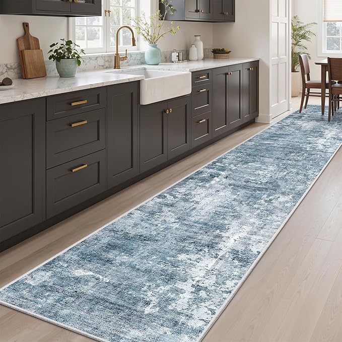 Soalmost Runner Rug 2x12 Washable Non-Slip Hallway Runner Rugs for Kitchen Bathroom Laundry Room Blue/Grey Vintage Floor Carpet Runners for Hallways Entryway