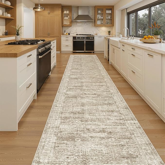 Soalmost Runner Rug 2'6" x 14' Washable Non-Slip Runner Rugs for Kitchen Bathroom Laundry Room Vintage Ultra Thin Runners for Hallway Entryway Brown