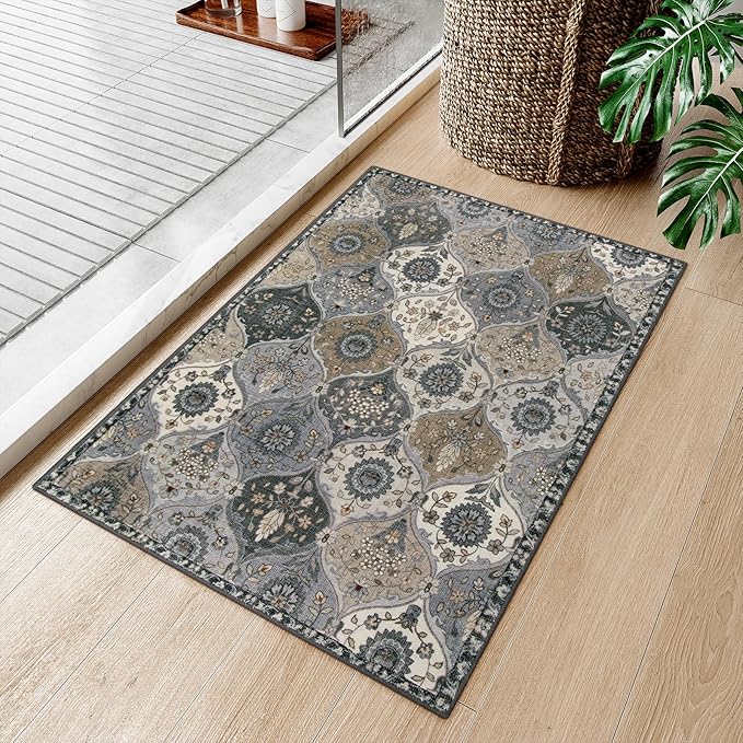 Lahome Moroccan Trellis Area Rug, 2x3 Entryway Rug Non-Slip Washable Indoor Door Mat, Small Oriental Accent Throw Carpet for Bedroom Kitchen Entry Bathroom Elise, Grey