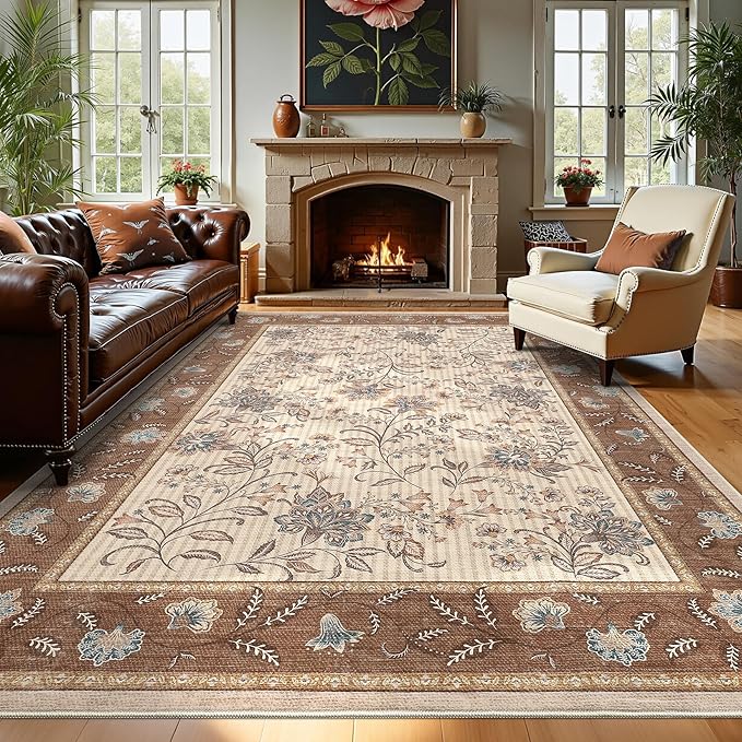GarveeHome Area Rugs 8x10 for Living Room, Brown Large Washable Rug Botanical Soft Non Slip Floor Mat Carpet Indoor Thin Cottage core Rug for Bedroom Dining Room Playroom Nursery Home Decor