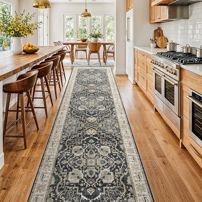3x12 Runner Rug for Hallway, Non-Slip Long Washable Rug, Soft Thin Vintage Floor Mat for Kitchen, Bathroom, Bedroom, Entryway, Dining Room (Black, 3'x12')