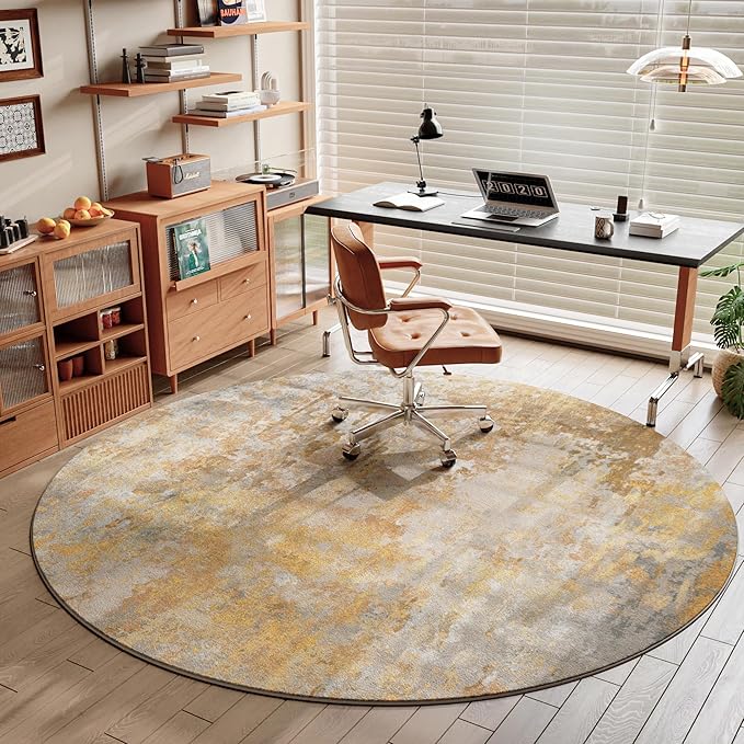 Beige Gold Round Rugs 6ft Washable Circle Area Rug for Entryway Kitchen, Non Slip Soft Low Pile Stain Resistant, Boho Circular Carpet for Living Room Bedroom Dorm Dining Room Table, Abstract