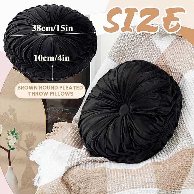 Drydiet 1 Pcs Round Throw Velvet Pillows Decorative Pleated Throw Pillows 15'' Diameter Accent Pumpkin Boho Chair Cushion for Couch Sofa Home Decoration (Black)