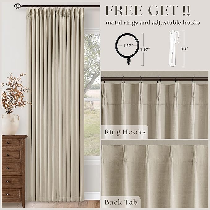 112 Inch Linen Blackout Curtains 112 Inches Long for Bedroom Neutral Boho Pinch Pleated 100% Black Out Room Darkening Sound Dampening Window Drapes Double Layer Soundproof 112 Inch Curtains Oatmeal