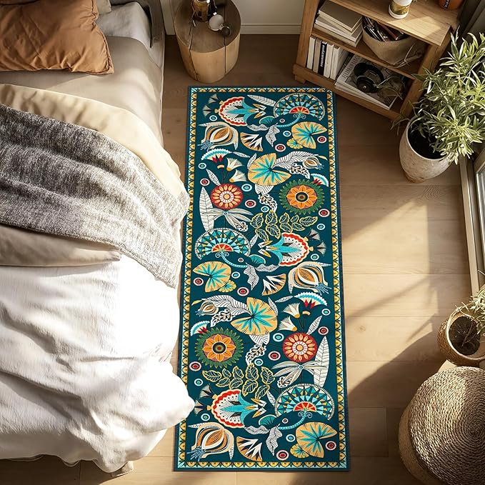 Joydeco Egypt Floral Boho 2x6 Runner Rug for Hallway Entrance, Dark Green Bathroom Kitchen Rug Runner Non Slip Washable, Vintage Ultra-Thin Carpet for Entryway Laundry Room Bed Beside