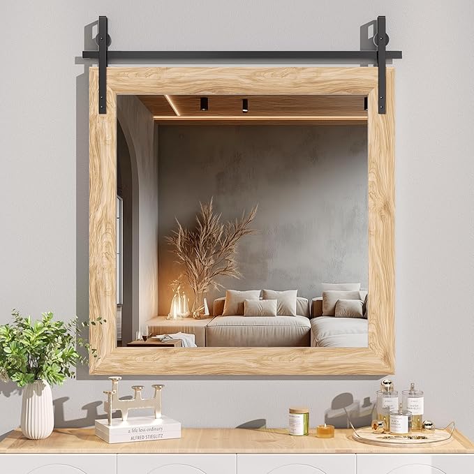 Hasipu Farmhouse Bathroom Mirror, 31"x31" Rustic Wood Framed Wall Mounted Mirror, Brown Vintage Vanity Mirror Barn Door Style Decrative Mirrors