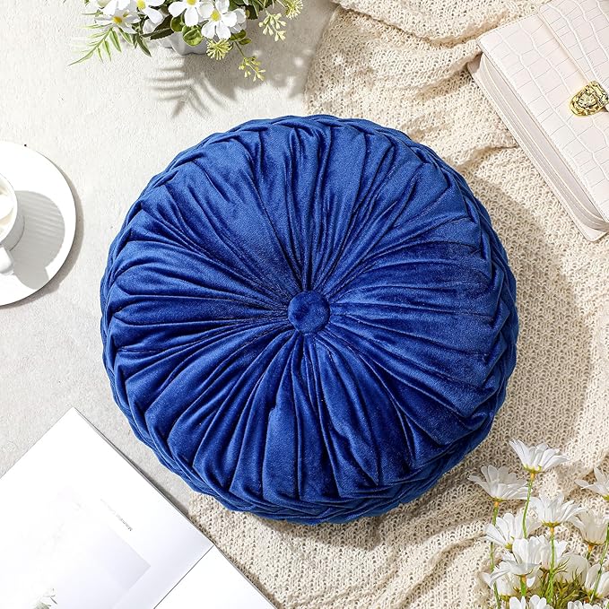 Drydiet 1 Pcs Round Throw Velvet Pillows Decorative Pleated Throw Pillows 15'' Diameter Accent Pumpkin Boho Chair Cushion for Couch Sofa Home Decoration (Navy Blue)