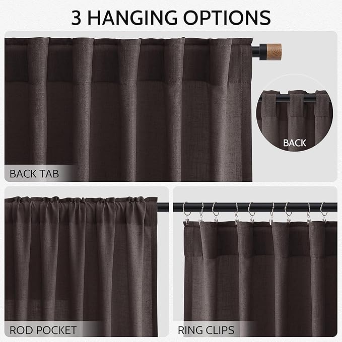 Nanspring Cocoa Coffee Linen Blend Light Filtering Back Tab Curtains 96 Inches Long, Semi Sheer Privacy Drapes for Living Room & Bedroom, 52x96 inch, 2 Panels
