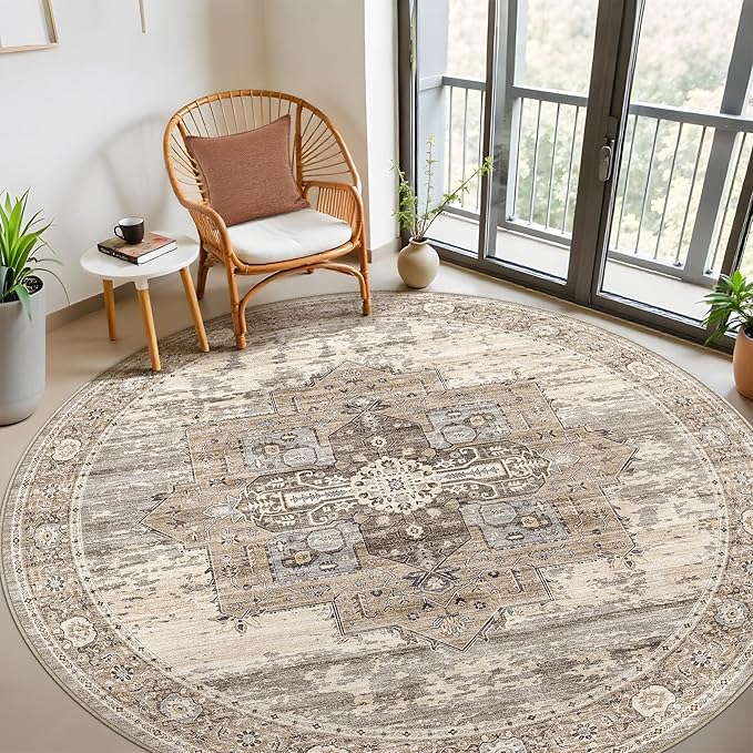 RUUGME Washable 7round Rug - Large Rugs for Living Room Low Pile Soft Rugs for Bedroom Kitchen Dining Room Oriental Stain Resistant Carpets with Non Slip Backing Home Decor Floor Mat 7round Beige
