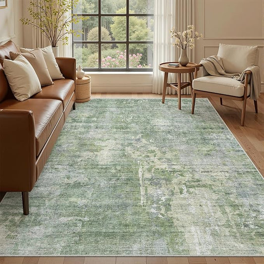 Soalmost 5x8 Area Rugs Green/Ivory Low Pile Indoor Washable Trendy Faded Style Rugs for Bedroom Living Room Dining Room Foldable Non-Slip Thin Print Home Office Mat