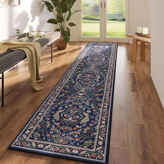 Rugcomf 2'7"x12' Kitchen Runner - Floral Washable Long Hallway Runner Rug Non Slip, Boho Carpet for Entryway, Hall, Bathroom - Blue