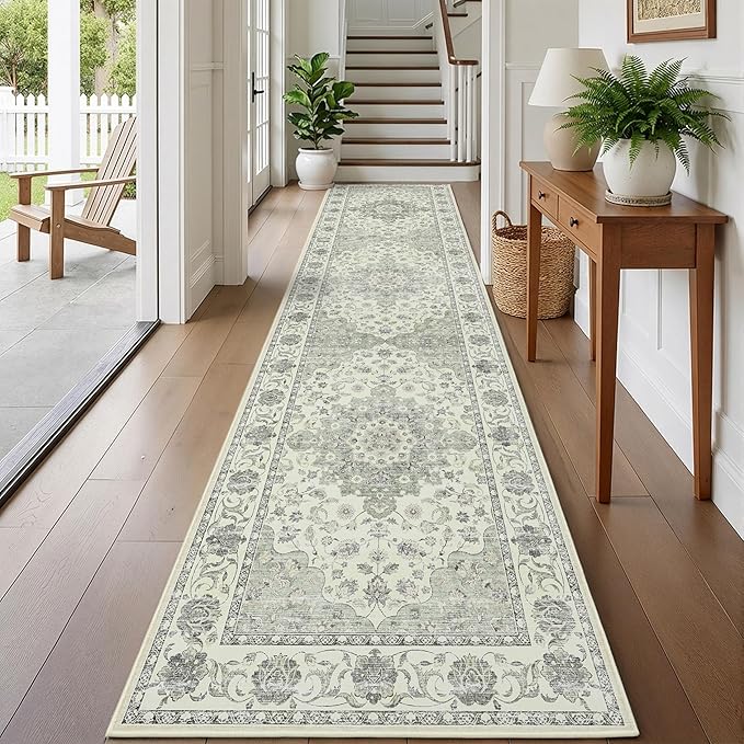 Washable Hallway Runner Rug - 3x12 Floor Carpet Rug Distressed Low Pile Mats Non Slip Soft Rugs for Dining Room with Rubber Backing Bedroom Runner with Vintage Design (Green 3x12)