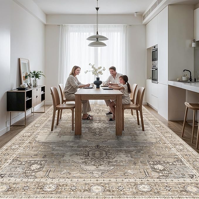 11x15 Area Rug for Living Room：Ultra-Large Washable Boho Rugs with Non Slip Rubber Backing Stain Resistant Low Pile Carpet for Bedroom Dining Room Indoor Soft Carpets Home Decor Floor Mat 11X15 Beige
