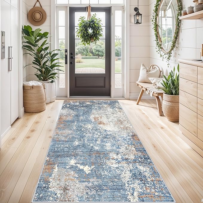 4x8 Washable Indoor Entryway Rug – Non-Slip Rubber Backed Floor Mat for Kitchen, Hallway, Bedroom – Modern Abstract Low-Pile Thin Wide Carpet Runner for Bathroom, Living Room, Office (Blue Rust, 4x8)