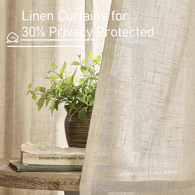 LAMIT Brown Semi Sheer Linen Curtains 48 Inch Length 2 Panels, Light Filtering Panels Back Tab and Rod Pocket Neutral Drapes for Kitchen/Window/Loft Room, 34 x 48 Inch