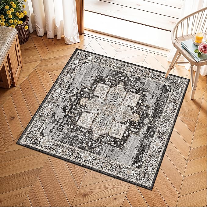 RUUGME 2x2 Washable Bathroom Area Rug, Non-Slip Vintage Oriental Low Pile Carpet, Soft Floor Mat for Entryway, Kitchen Sink, Laundry Room,Stain Resistant Home Decor Mat for Small Space 24x24 Black