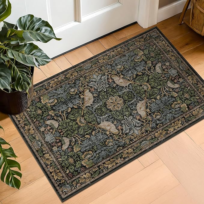 Hazo Haus Washable Dark Vintage Floral Rugs for Entryway - Small 2x3 Washable Rug for Kitchen Bathroom Door Mat Indoor Entrance with Bird & Botanical Pattern, Brown Earthy Tones, Non Slip Low Pile