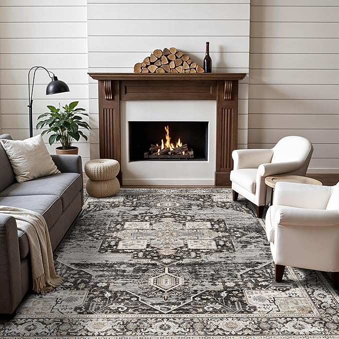 RUUGME 5x6 Washable Non Slip Area Rugs, Boho Low Pile Soft Carpets for Living Room Bedroom Dining Room - Ultra Thin Vintage Indoor Floor Decor Mat Ideal for Small Spaces 5x6 Black