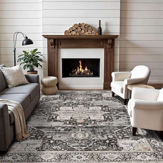RUUGME 5x6 Washable Non Slip Area Rugs, Boho Low Pile Soft Carpets for Living Room Bedroom Dining Room - Ultra Thin Vintage Indoor Floor Decor Mat Ideal for Small Spaces 5x6 Black